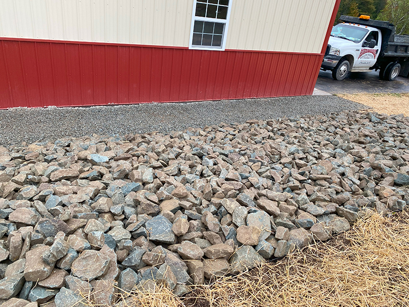 Stone landscaping around building